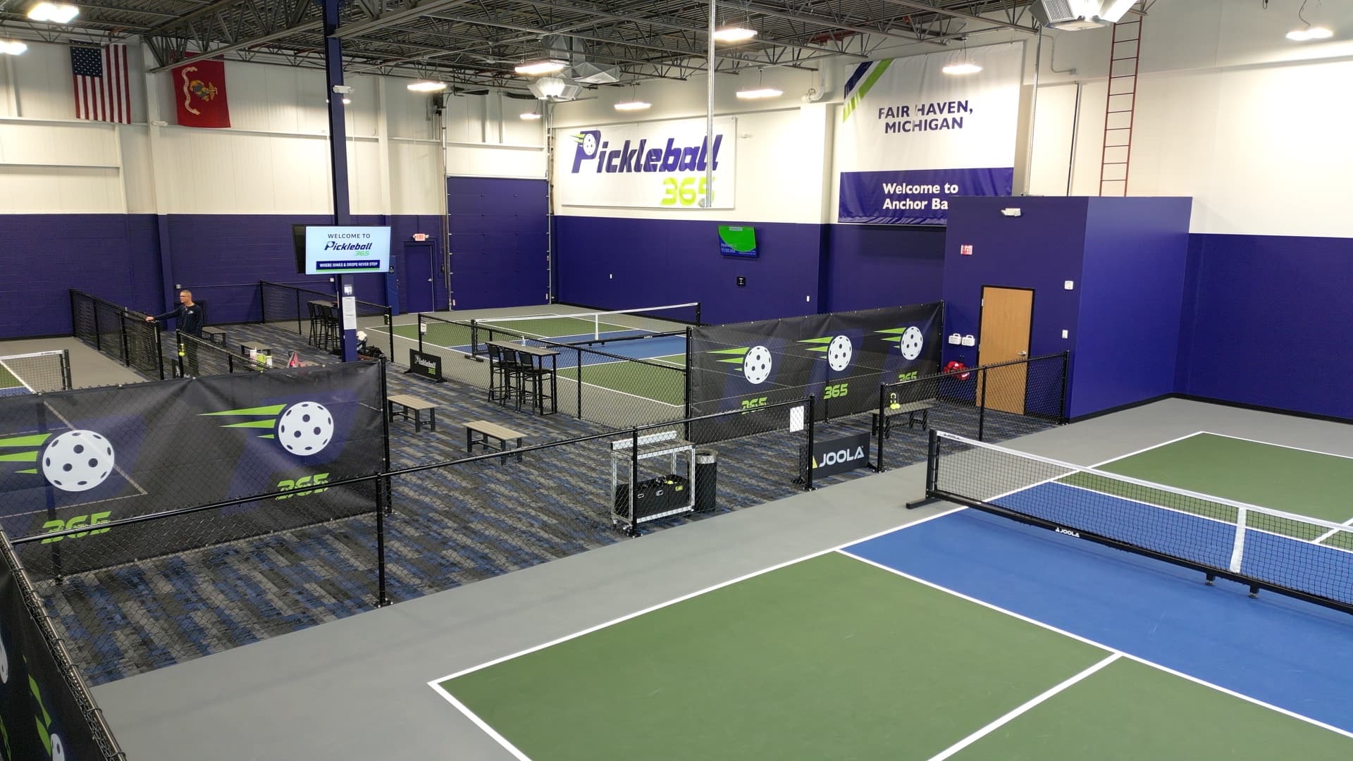 Inside a Pickleball 365 indoor facility in Fair Haven, Michigan